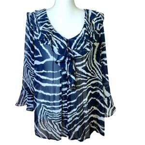 Jones New York Top Animal Print 3/4 Sleeve Semi Sheer Navy Blue White Medium